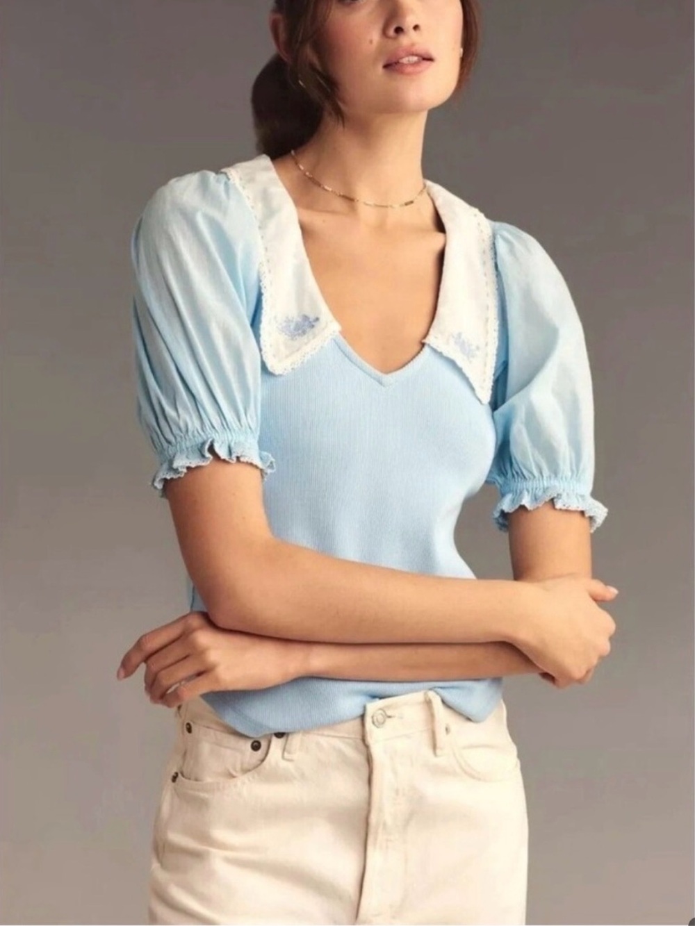Anthropologie Puff Sleeve Collared Blouse Women’s XS Blue Floral Embroidered